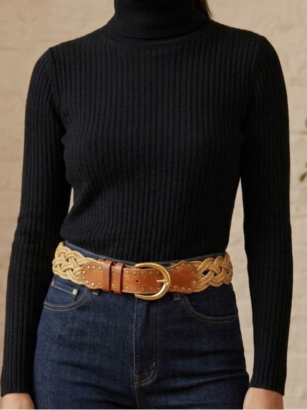 Vintage Braided Gold Cord Belt 80s Boho Studded Leather Brass Buckle